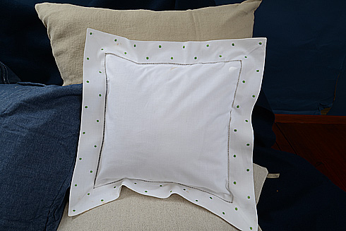 Hemstitch Baby Square Pillows 12x12" with Hot Green Polka Dots